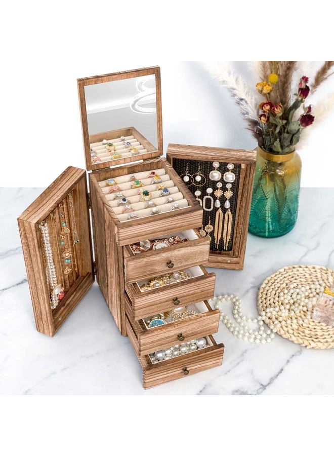 Meangood Jewelry Box Wood for Wowen, 5-Layer Large Organizer Box with Mirror & 4 Drawers for Rings, Earrings, Necklaces, Vintage Style Torched Wood - Image 2