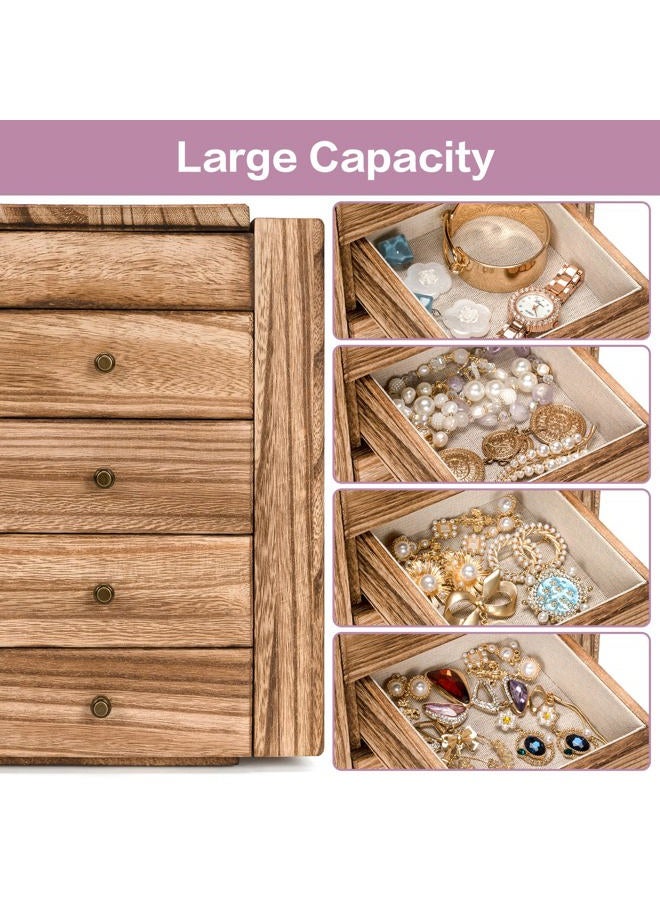 Meangood Jewelry Box Wood for Wowen, 5-Layer Large Organizer Box with Mirror & 4 Drawers for Rings, Earrings, Necklaces, Vintage Style Torched Wood - Image 5