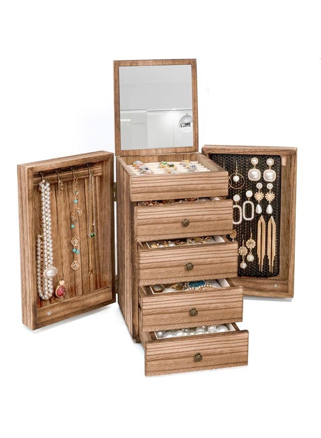 Meangood Jewelry Box Wood for Wowen, 5-Layer Large Organizer Box with Mirror & 4 Drawers for Rings, Earrings, Necklaces, Vintage Style Torched Wood - Image 1