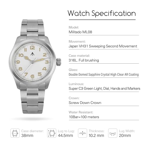 TACTICAL FROG Militado ML08 Japanese Sweep VH31 Field Watch 38mm Men's Military Watch Sapphire Crystal 10 ATM Waterproof Analog Watches for Men and Women，White Yellow Dial with Stainless Steel Bracelet - Image 2