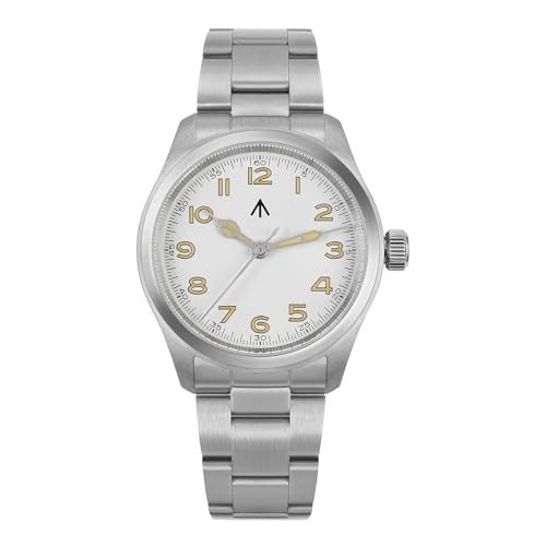 TACTICAL FROG Militado ML08 Japanese Sweep VH31 Field Watch 38mm Men's Military Watch Sapphire Crystal 10 ATM Waterproof Analog Watches for Men and Women，White Yellow Dial with Stainless Steel Bracelet - Image 1