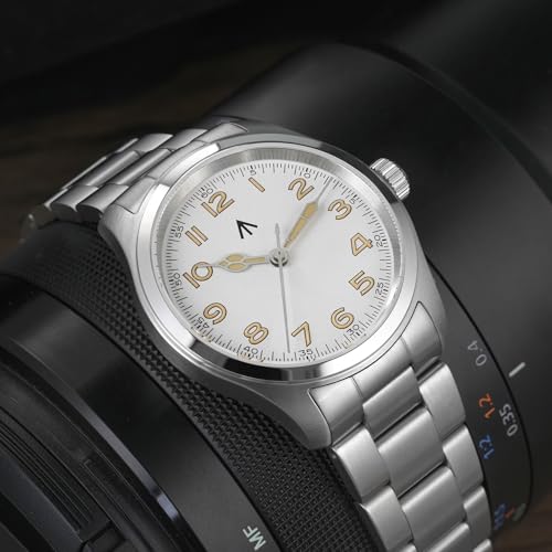 TACTICAL FROG Militado ML08 Japanese Sweep VH31 Field Watch 38mm Men's Military Watch Sapphire Crystal 10 ATM Waterproof Analog Watches for Men and Women，White Yellow Dial with Stainless Steel Bracelet - Image 3