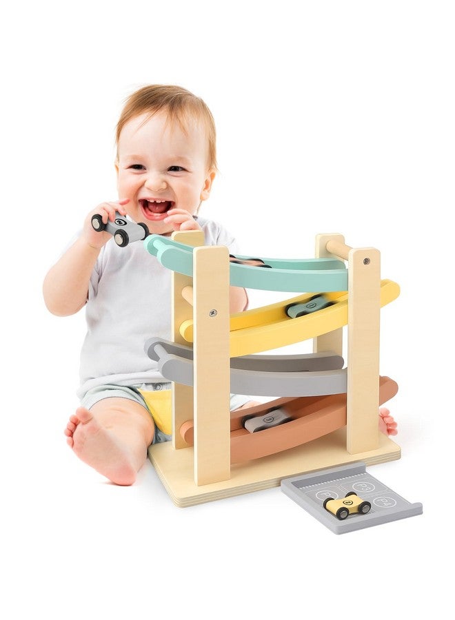 Vanplay Car Ramp Toys For One Year Old Boy Birthday Gifts, Wooden Montessori Toys For 1 2 Year Old, Race Track Truck Toy With 4 Mini Cars/1 Parking Lot, First Christmas Birthday Gifts For Toddlers 1-3-2-4 - Image 1
