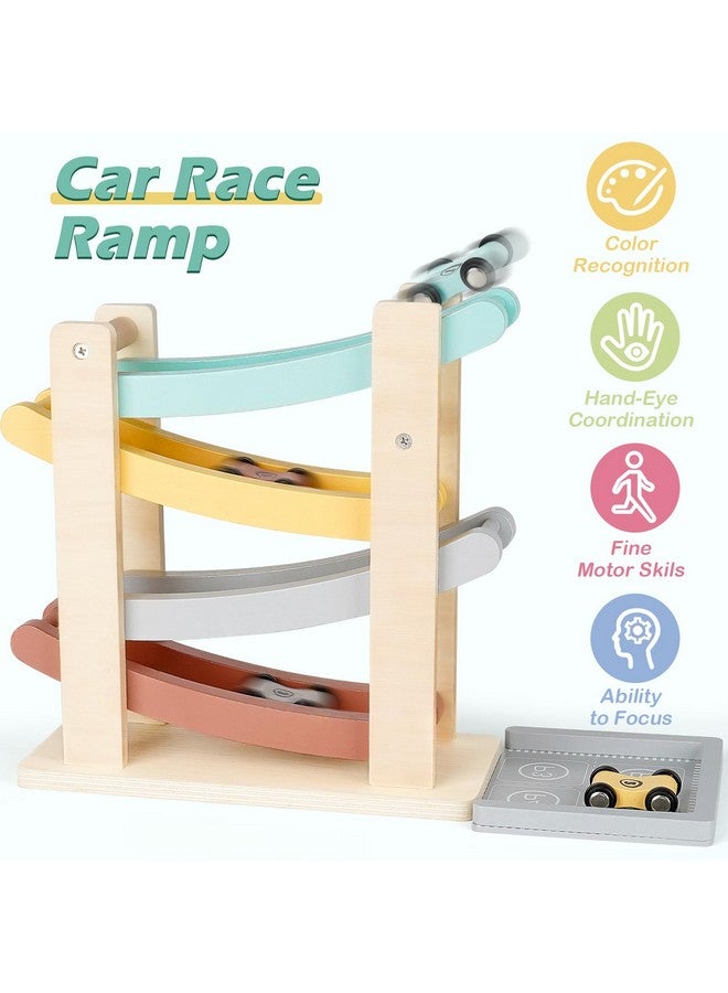Vanplay Car Ramp Toys For One Year Old Boy Birthday Gifts, Wooden Montessori Toys For 1 2 Year Old, Race Track Truck Toy With 4 Mini Cars/1 Parking Lot, First Christmas Birthday Gifts For Toddlers 1-3-2-4 - Image 2