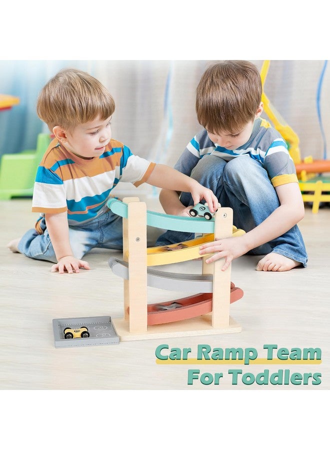 Vanplay Car Ramp Toys For One Year Old Boy Birthday Gifts, Wooden Montessori Toys For 1 2 Year Old, Race Track Truck Toy With 4 Mini Cars/1 Parking Lot, First Christmas Birthday Gifts For Toddlers 1-3-2-4 - Image 3