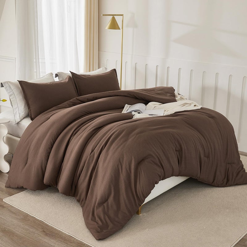 Litanika Litanika Brown Comforter Set California King Size  3 Pieces Cal King Lightweight Solid Bedding Comforter Set  All Season Fluffy Bed Set (104x96In Comforter & 2 Pillowcases)  - Image 1