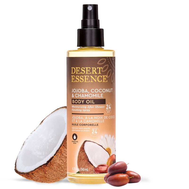 Desert Essence Body Oil Spray â€“ 8.28 fl oz | Jojoba, Coconut & Chamomile | 24-Hour Moisture for Dry Skin | Lightweight After-Shower Oil | Vegan, Cruelty-Free, B-Corp, Made in USA - Image 2