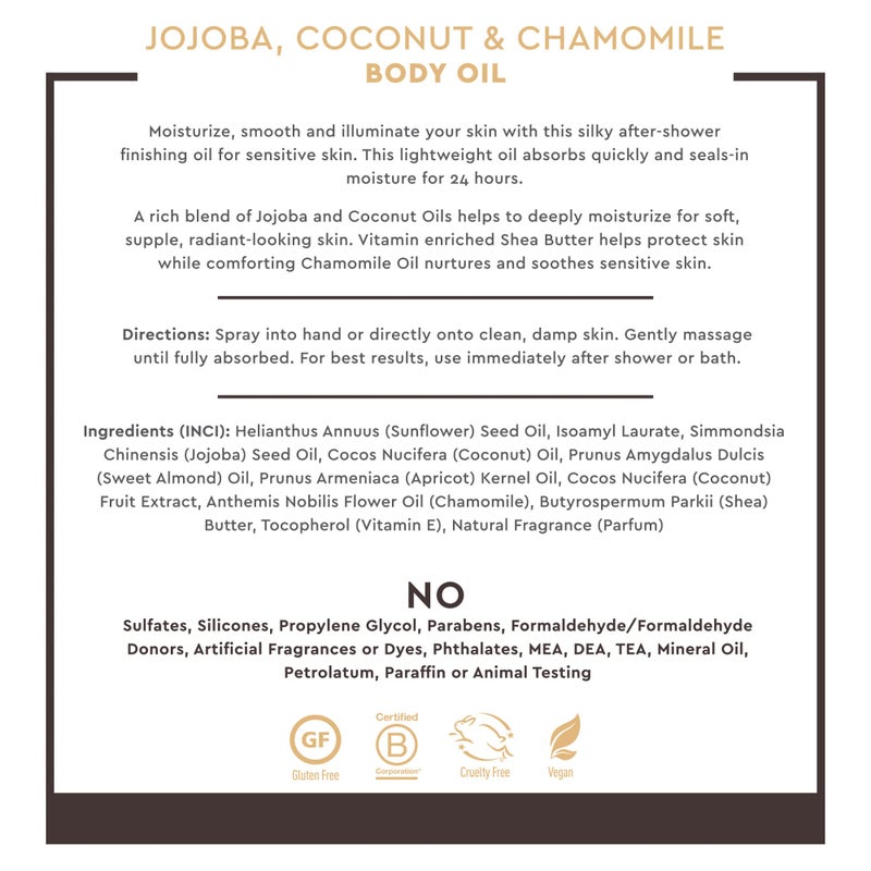 Desert Essence Body Oil Spray â€“ 8.28 fl oz | Jojoba, Coconut & Chamomile | 24-Hour Moisture for Dry Skin | Lightweight After-Shower Oil | Vegan, Cruelty-Free, B-Corp, Made in USA - Image 5