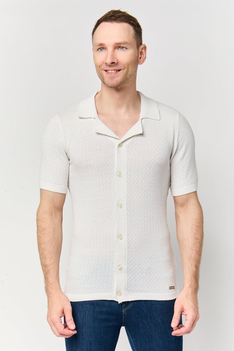 Threadbare Men Regular Fit Textured Short Sleeve Casual Shirt, Off White - Image 1