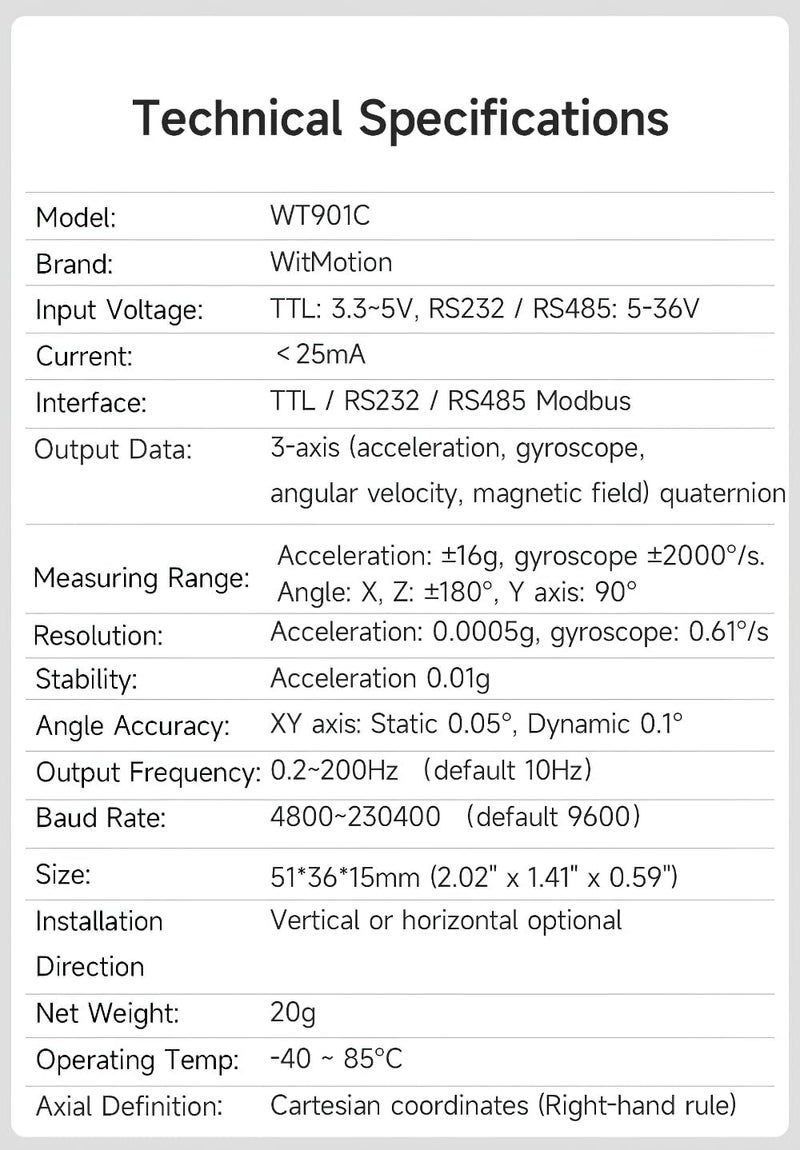 WITMOTION 【WT901C-232 9-Axis Vibration Inclinometer】 High-Stability Acceleration+Gyro+Angle (XY 0.05° Accuracy)+Digital Compass, Triaxial MPU9250 Gyroscope Sensor【Kalman Filtering】 for Arduino, Raspberry Pi - Image 3