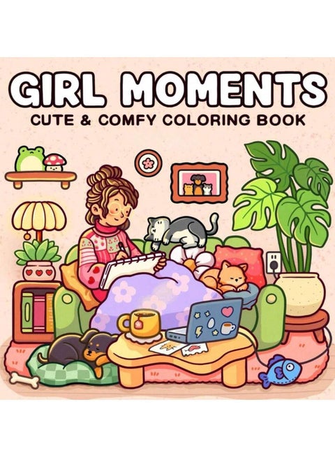 "Girl Moments" Coloring Book for Adults & Teens – Cute & Cozy Daily Relaxation Activity with Whimsical Illustrations of Girls Reading with Pets, Perfect for Stress Relief, Cozy Spaces & Holiday Gifting
