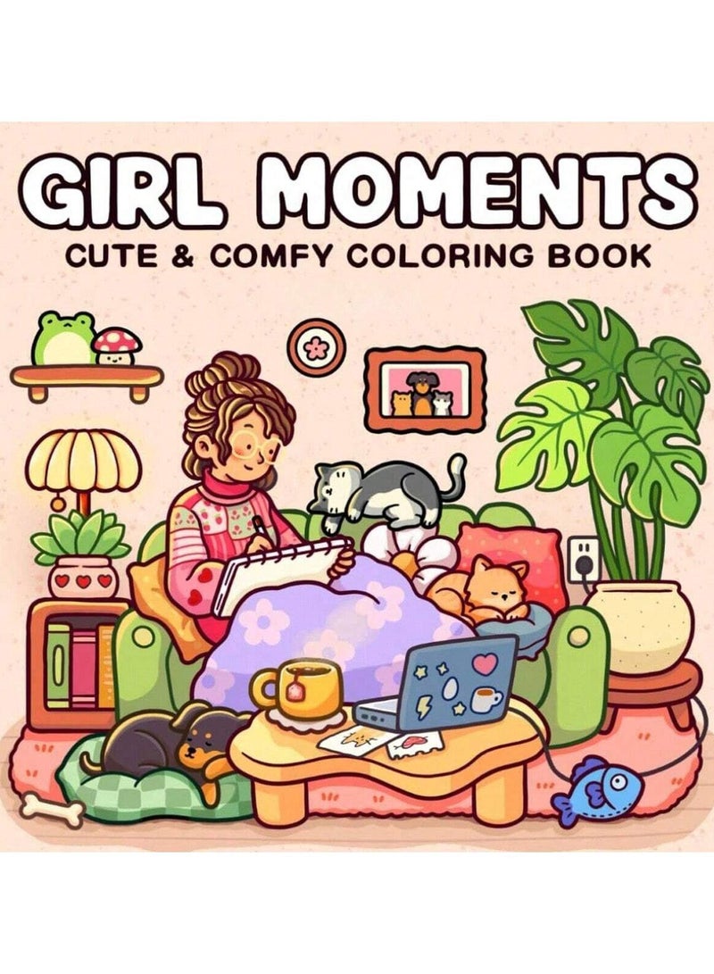 "Girl Moments" Coloring Book for Adults & Teens – Cute & Cozy Daily Relaxation Activity with Whimsical Illustrations of Girls Reading with Pets, Perfect for Stress Relief, Cozy Spaces & Holiday Gifting  - Image 1