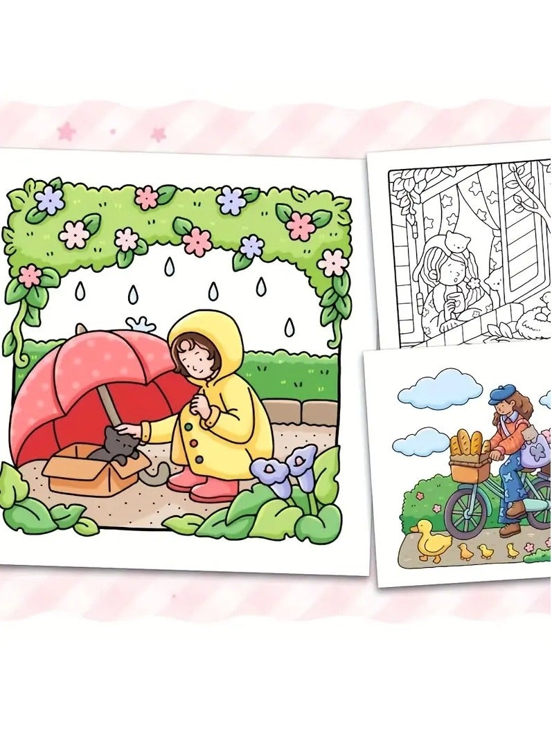 "Girl Moments" Coloring Book for Adults & Teens – Cute & Cozy Daily Relaxation Activity with Whimsical Illustrations of Girls Reading with Pets, Perfect for Stress Relief, Cozy Spaces & Holiday Gifting  - Image 2