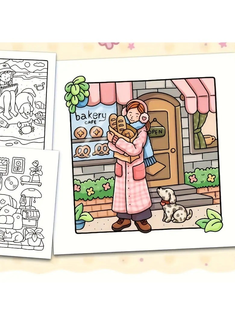 "Girl Moments" Coloring Book for Adults & Teens – Cute & Cozy Daily Relaxation Activity with Whimsical Illustrations of Girls Reading with Pets, Perfect for Stress Relief, Cozy Spaces & Holiday Gifting  - Image 3