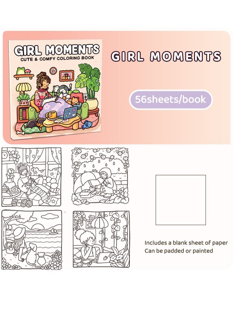 "Girl Moments" Coloring Book for Adults & Teens – Cute & Cozy Daily Relaxation Activity with Whimsical Illustrations of Girls Reading with Pets, Perfect for Stress Relief, Cozy Spaces & Holiday Gifting  - Image 5
