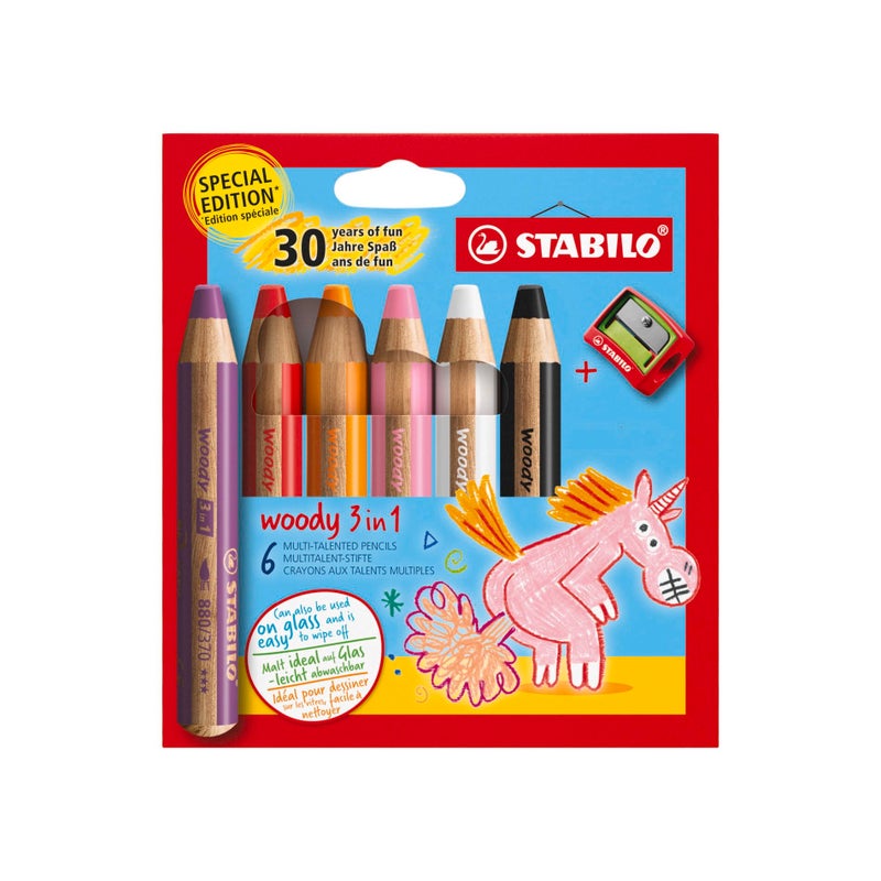 STABILO woody 3in1 MultiTalented Pencil Pack of 6 Birthday Edition Unicorn Assorted Colours with Sharpener - Image 2