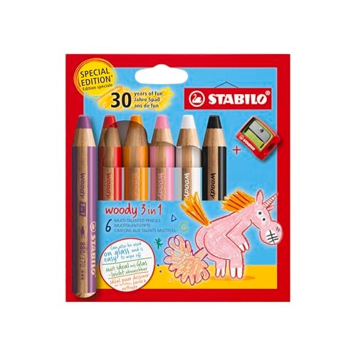 STABILO woody 3in1 MultiTalented Pencil Pack of 6 Birthday Edition Unicorn Assorted Colours with Sharpener - Image 1