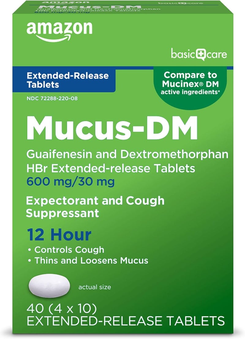 Care Mucus Relief DM12 Hour Guaifenesin Dextromethorphan Hydrobromide ExtendedRelease Tablets 600 mg30 mg 40 Count Pack of 1 Packaging may vary - Image 1