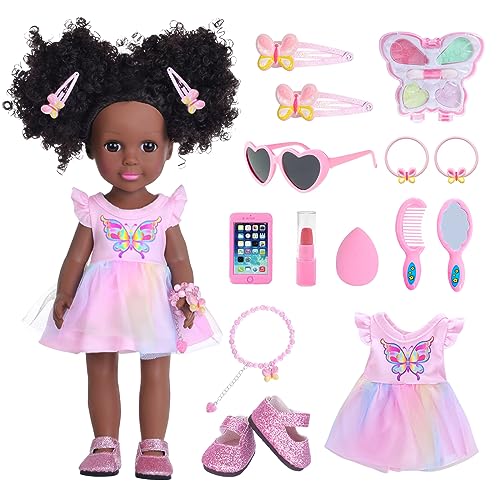 DONTNO 14.5 Inch Black Doll and Baby Doll Clothes and Accessories ,Including Phone Sunglasses Shoes Makeup Accessories and Butterfly Theme Dress Best Gift for Girls Kids - Image 1