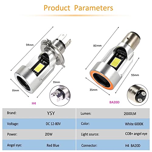 YSY H4 LED Motorcycle Headlight Bulb Hi/Lo Beam 20W 2000LM 6000K Cool White with Blue Angel Eye Daytime Running Light (H4, Angel eye blue) - Image 2