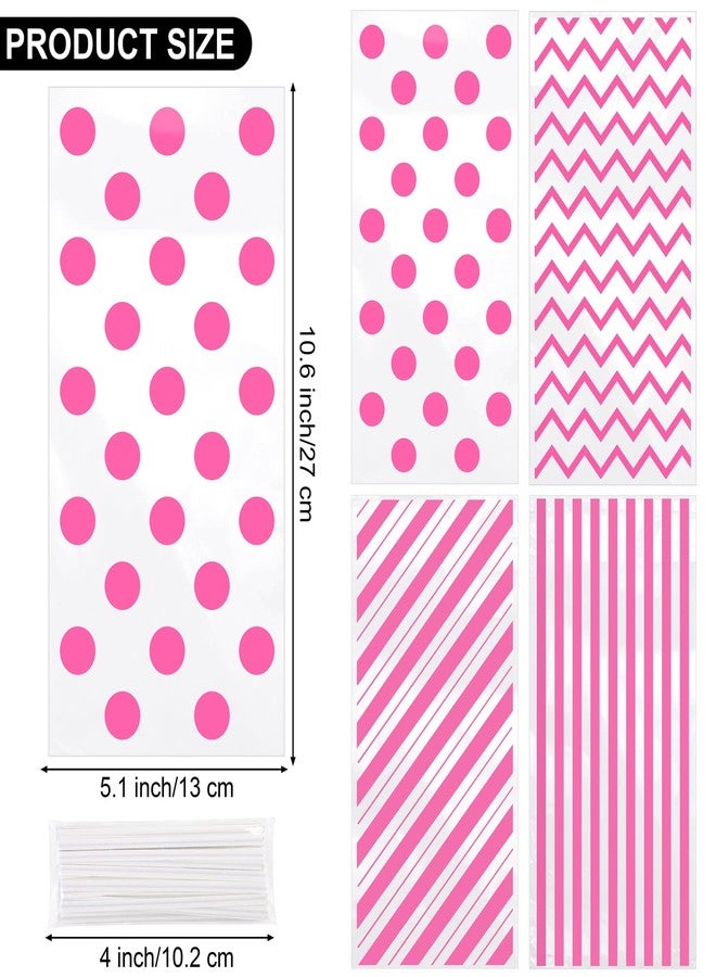 Aodaer 100 Pieces 10.6 x 5.1 In Pink Cellophane Bags Plastic Candy Bags Cellophane Treat Bag Polka Dot Stripes Printed Pattern Goodie Gift Bag with Twist Ties for Birthday, Baby Showers, Weddings Party Supplies - Image 2
