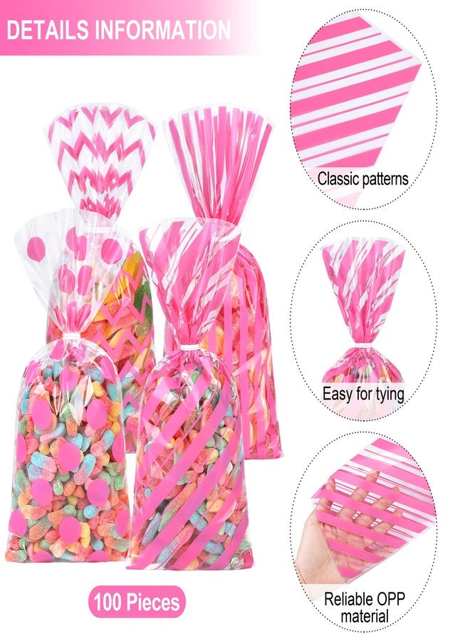 Aodaer 100 Pieces 10.6 x 5.1 In Pink Cellophane Bags Plastic Candy Bags Cellophane Treat Bag Polka Dot Stripes Printed Pattern Goodie Gift Bag with Twist Ties for Birthday, Baby Showers, Weddings Party Supplies - Image 3