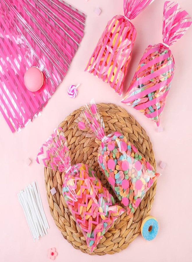 Aodaer 100 Pieces 10.6 x 5.1 In Pink Cellophane Bags Plastic Candy Bags Cellophane Treat Bag Polka Dot Stripes Printed Pattern Goodie Gift Bag with Twist Ties for Birthday, Baby Showers, Weddings Party Supplies - Image 4