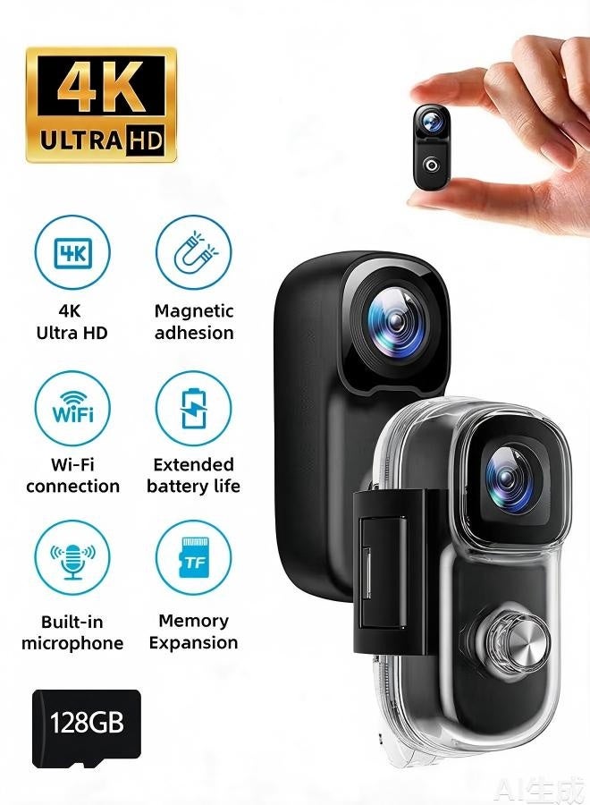 128GB 4K كاميرا العمل الإبهام ، حجم صغير ، جبل في أي مكان ، كاميرا جسم صغيرة مقاومة للماء دراجة عمل فيديو تسجيل كاميرا الجسم ، Vlogging المحمولة ، تسجيل POV بدون أيدي ، كاميرا خوذة لركوب الدراجات ، دراجة نارية ، استقرار الصورة الجيروسكوبية ذات المحور 6 + استقرار الصورة EIS - Image 1