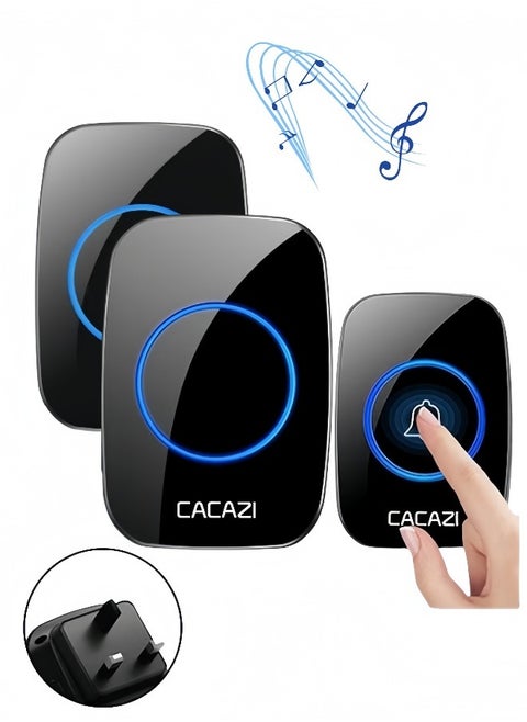 Wireless Doorbell, Plug-in Waterproof Doorbell, 2 Receivers and 1 Transmitter with LED Display, 3 Levels of Volume, 38 Melodies, Suitable for Home, Office, Hotel, Building, Dormitory