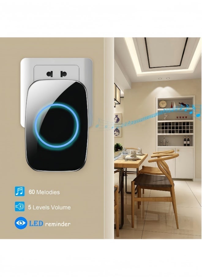 Wireless Doorbell, Plug-in Waterproof Doorbell, 2 Receivers and 1 Transmitter with LED Display, 3 Levels of Volume, 38 Melodies, Suitable for Home, Office, Hotel, Building, Dormitory