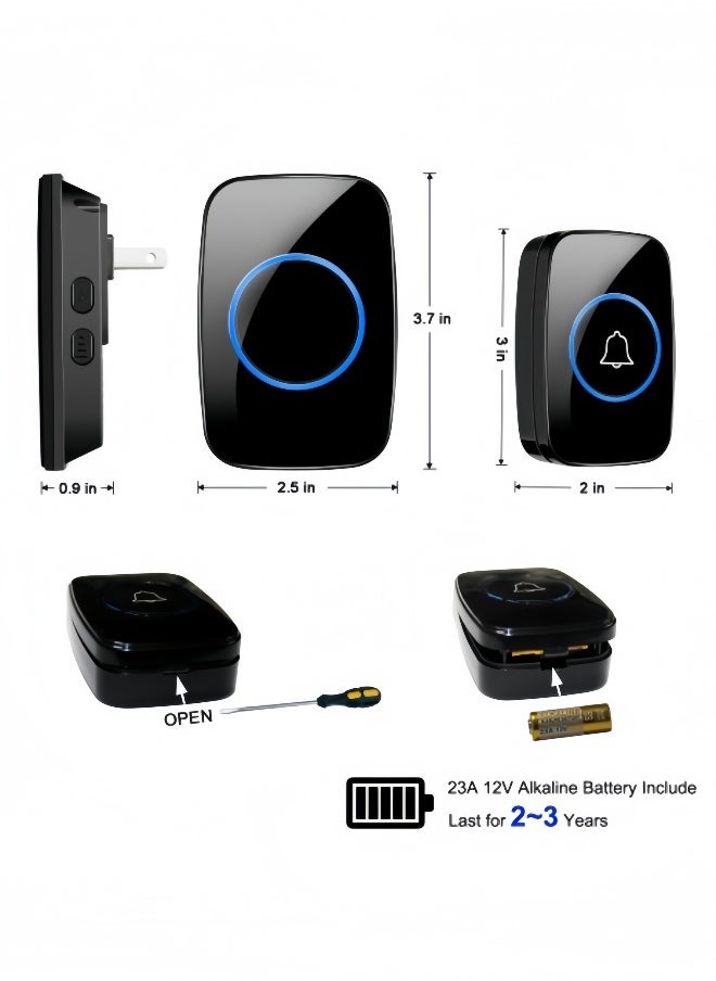 Wireless Doorbell, Plug-in Waterproof Doorbell, 2 Receivers and 1 Transmitter with LED Display, 3 Levels of Volume, 38 Melodies, Suitable for Home, Office, Hotel, Building, Dormitory