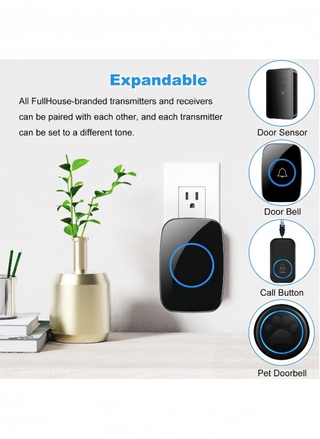 Wireless Doorbell, Plug-in Waterproof Doorbell, 2 Receivers and 1 Transmitter with LED Display, 3 Levels of Volume, 38 Melodies, Suitable for Home, Office, Hotel, Building, Dormitory