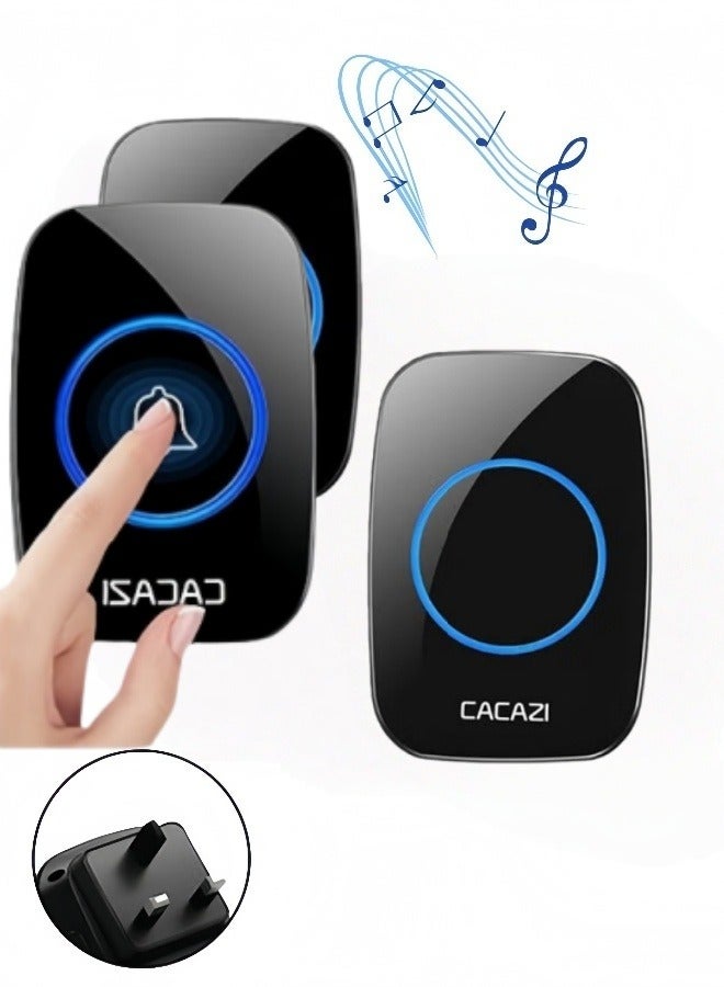 CACAZI Wireless Doorbell, Plug-in Waterproof Doorbell, 1 Receivers and 2 Transmitter with LED Display, 3 Levels of Volume, 38 Melodies, Suitable for Home, Office, Hotel, Building, Dormitory - Image 1