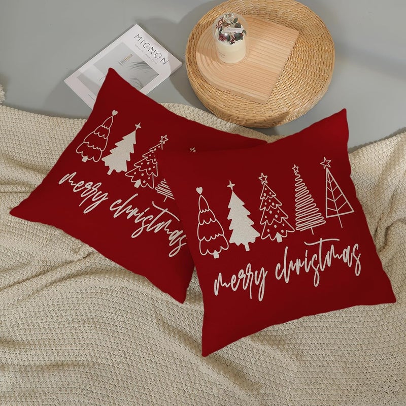 GOLIANDA Christmas Pillow Covers 18x18 Set of 2 Christmas Decor Linen Pillowcase Winter Christmas Decorative Red Throw Pillows Christmas Tree Holiday Decor Outdoor Cushion Covers for Couch Home Decor - Image 5