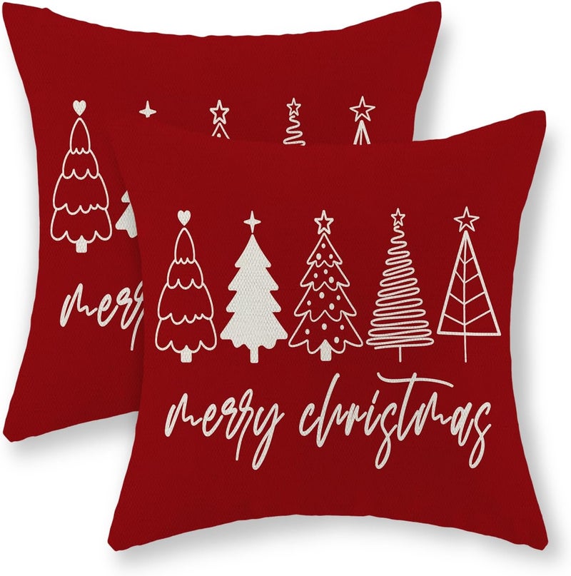 GOLIANDA Christmas Pillow Covers 18x18 Set of 2 Christmas Decor Linen Pillowcase Winter Christmas Decorative Red Throw Pillows Christmas Tree Holiday Decor Outdoor Cushion Covers for Couch Home Decor - Image 1
