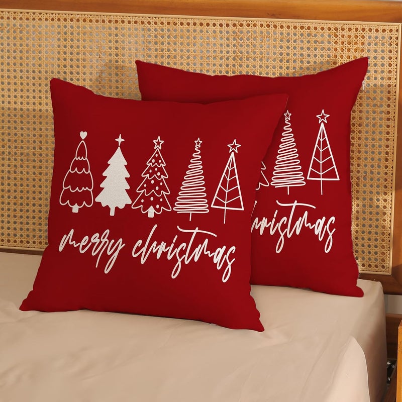 GOLIANDA Christmas Pillow Covers 18x18 Set of 2 Christmas Decor Linen Pillowcase Winter Christmas Decorative Red Throw Pillows Christmas Tree Holiday Decor Outdoor Cushion Covers for Couch Home Decor - Image 2