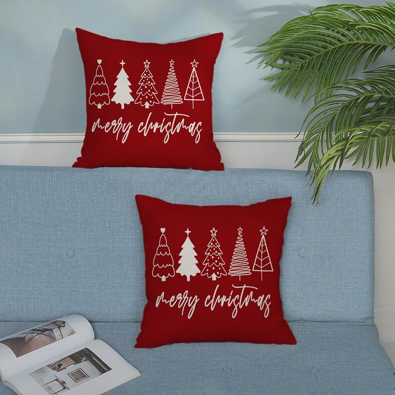 GOLIANDA Christmas Pillow Covers 18x18 Set of 2 Christmas Decor Linen Pillowcase Winter Christmas Decorative Red Throw Pillows Christmas Tree Holiday Decor Outdoor Cushion Covers for Couch Home Decor - Image 3