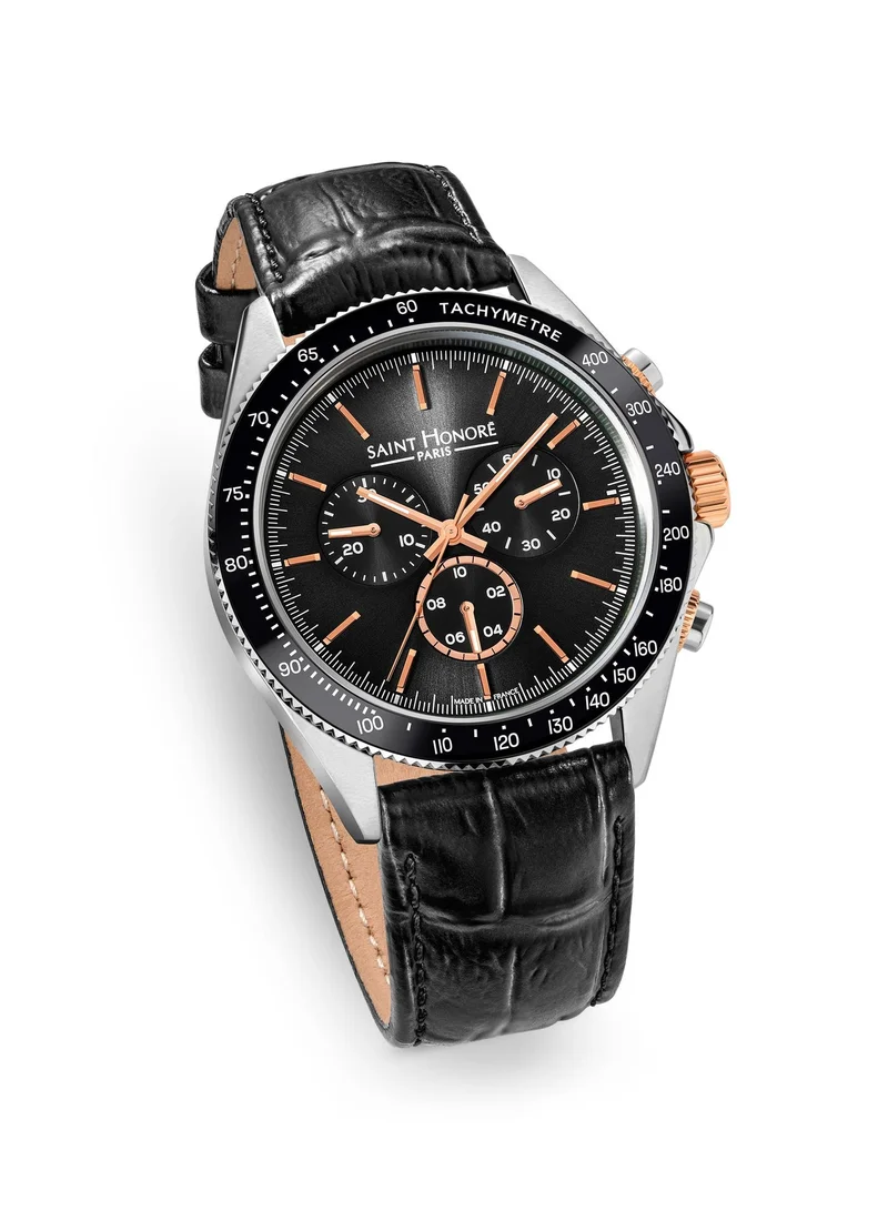 Saint Honore Paris  Le Bourget Black Dial Black Leather Strap Analog Watch for Men 43mm for Men | Best Price UAE
