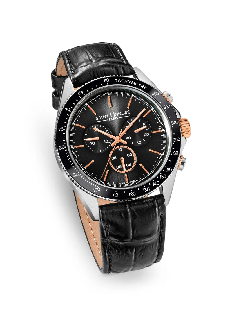 Saint Honore Paris  Le Bourget Black Dial Black Leather Strap Analog Watch for Men 43mm for Men | Best Price UAE