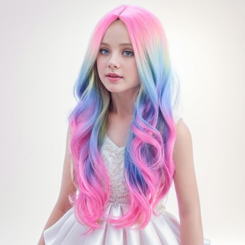 PATTNIUM Child Kids Colorful Wigs Long Curly Wavy Multicolor Wig for Girls Kids Rainbow Wig Colored Synthetic Cosplay Party Halloween Wigs(Colorful) - Image 4