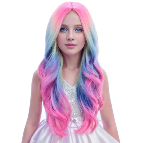 PATTNIUM Child Kids Colorful Wigs Long Curly Wavy Multicolor Wig for Girls Kids Rainbow Wig Colored Synthetic Cosplay Party Halloween Wigs(Colorful) - Image 1