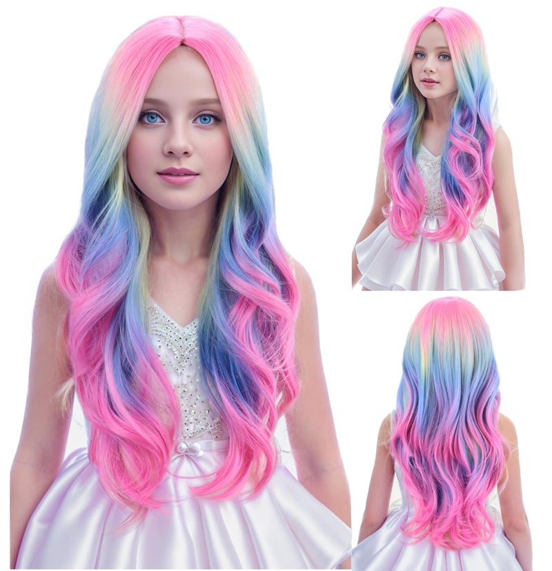 PATTNIUM Child Kids Colorful Wigs Long Curly Wavy Multicolor Wig for Girls Kids Rainbow Wig Colored Synthetic Cosplay Party Halloween Wigs(Colorful) - Image 2