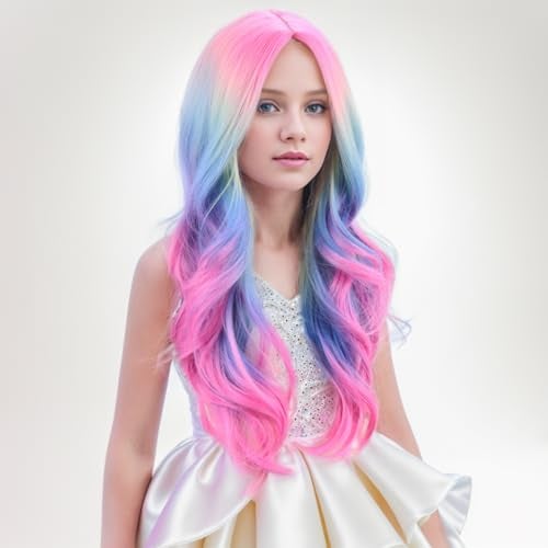 PATTNIUM Child Kids Colorful Wigs Long Curly Wavy Multicolor Wig for Girls Kids Rainbow Wig Colored Synthetic Cosplay Party Halloween Wigs(Colorful) - Image 3
