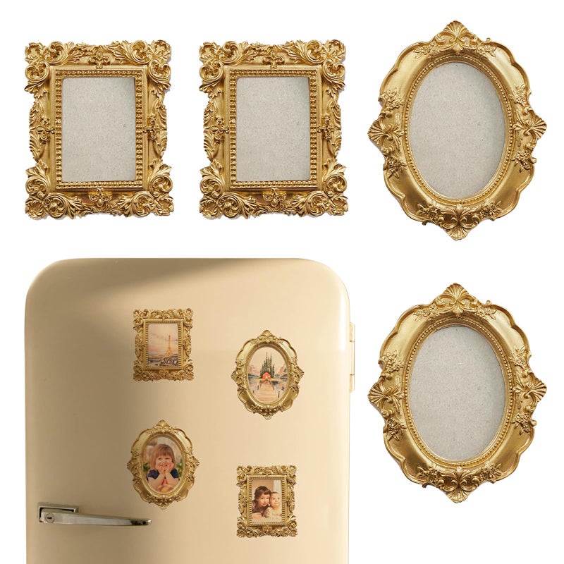 Nsdawali 4 Pcs Magnetic Picture Frames For Refrigerator  Wall Hanging Mini Gold Frames Small Vintage Oval Rectangle Baroque Photo Frames For Photos Painting Diy Stuck On Fridge - Image 1