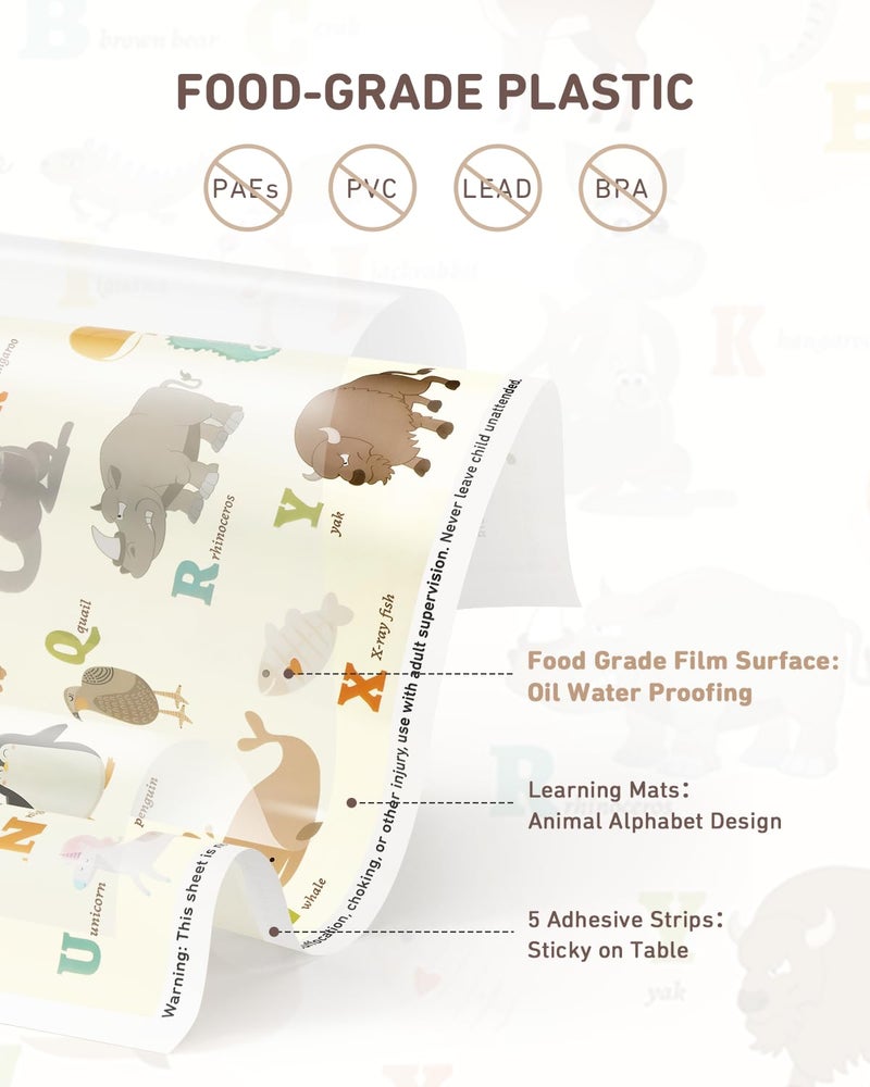 Babebay Disposable Stick-on Placemats 60 Pack for Baby & Kids & Toddler, Sticky Placemats Restaurant Table Mats 12" x 18" (Animal Alphabet) - Image 3