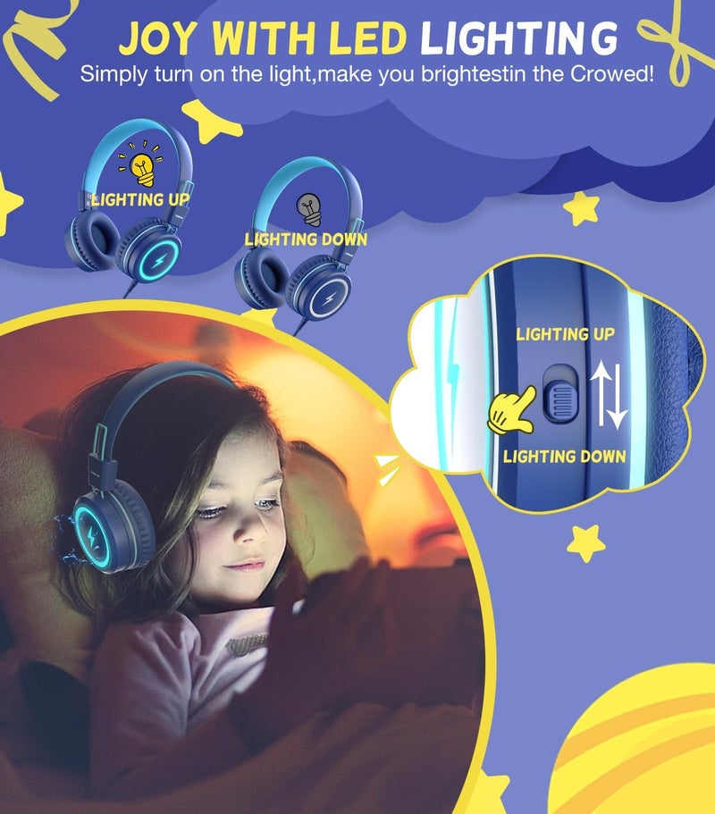 سماعات رأس للأطفال للمدرسة، سماعات رأس للأطفال من نوع USB Type C مع أضواء LED، سماعات رأس سلكية للأولاد والبنات مع محدد أمان 85dB/95dB، سماعات رأس قابلة للطي توضع على الأذن مع ميكروفونات للمدرسة/iPad - Image 4