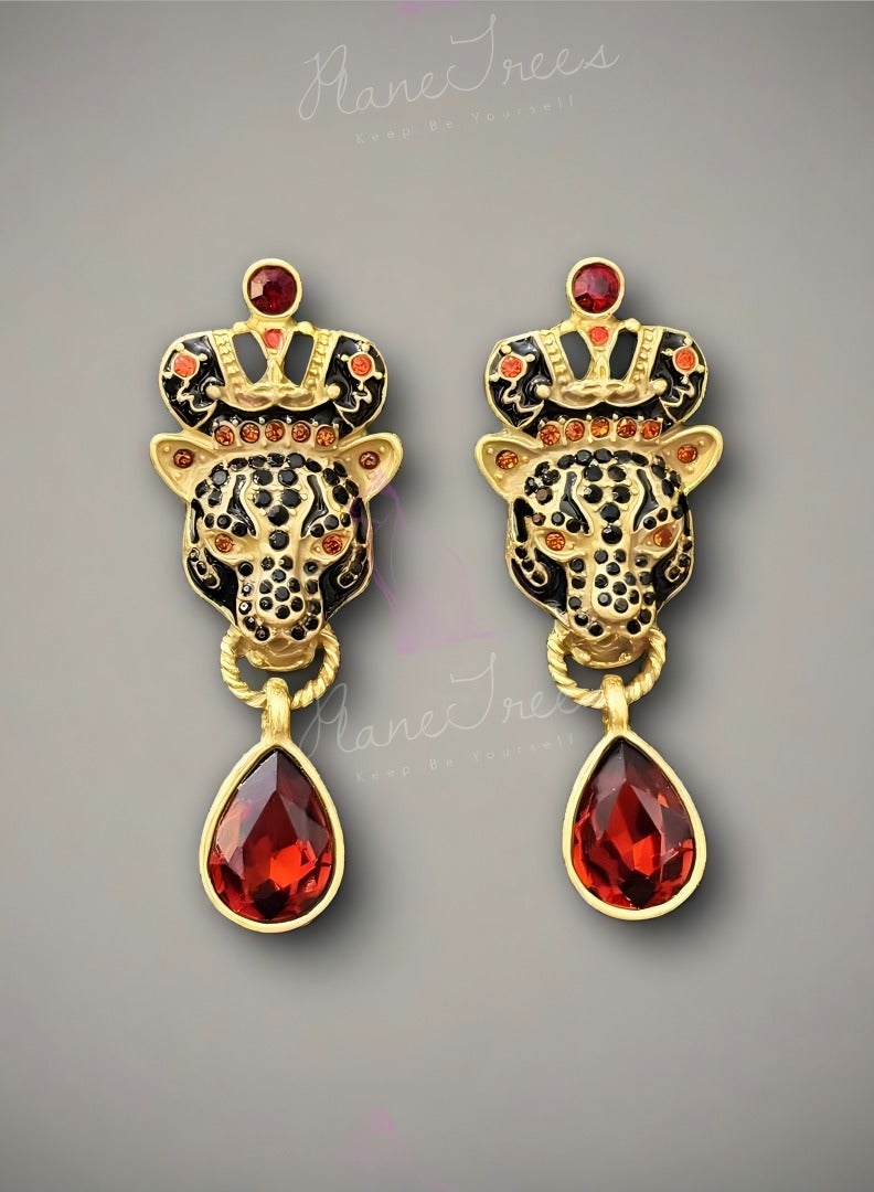 PLANE TREES Leopard Drop Earrings – Bold Animal Design with Red Teardrop Crystal – Unique Statement Jewelry for Women - Image 1