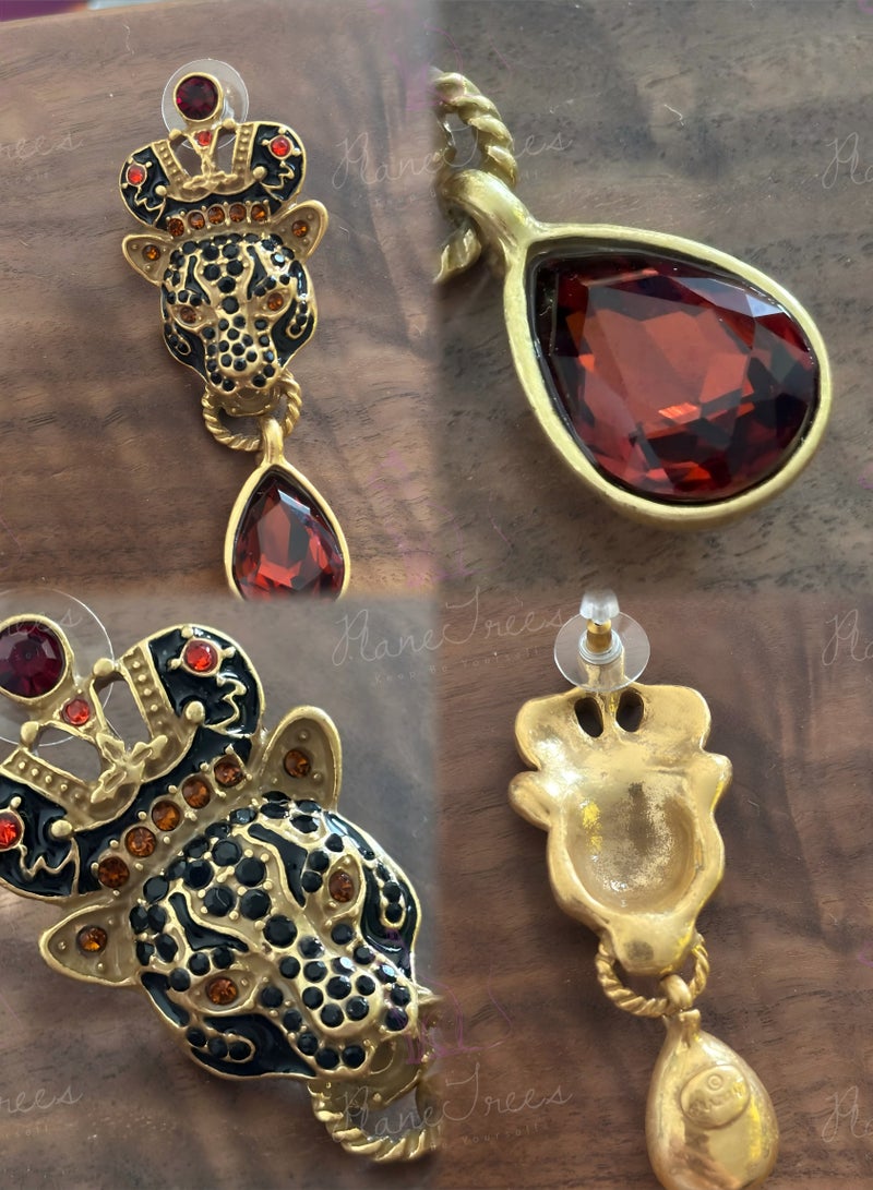 PLANE TREES Leopard Drop Earrings – Bold Animal Design with Red Teardrop Crystal – Unique Statement Jewelry for Women - Image 2