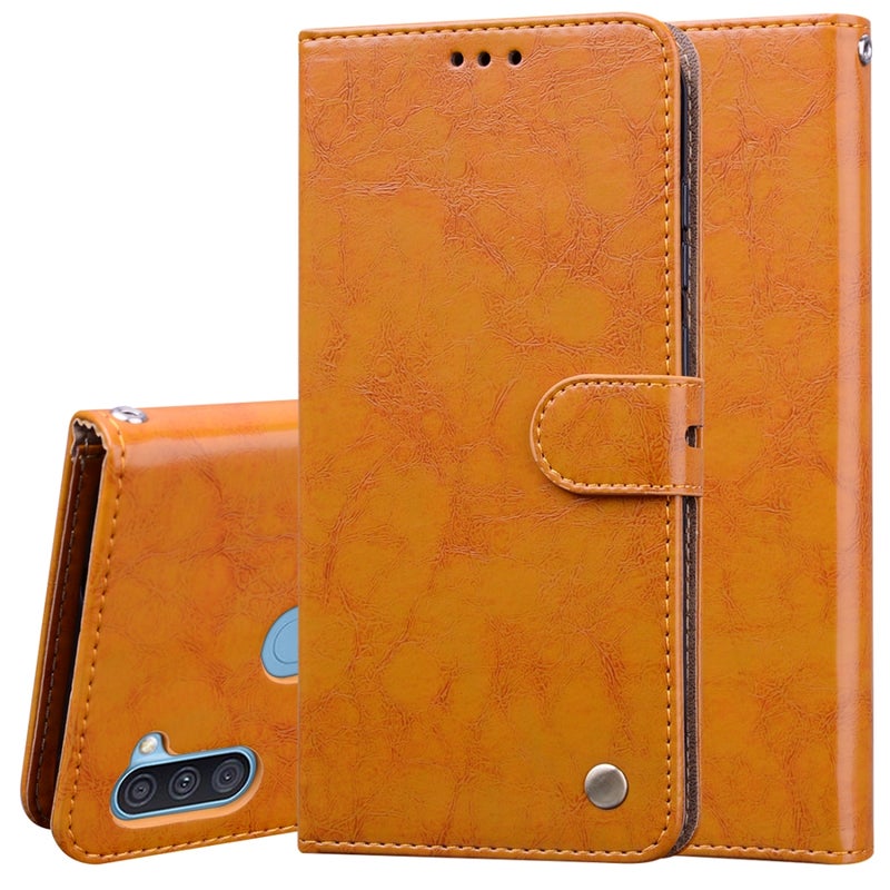BURAQ Case Cover For Samsung Galaxy A11 Business Style Oil Wax Texture Horizontal Flip Leather Case with Holder & Card Slots & Wallet(Orange Yellow) - Image 1