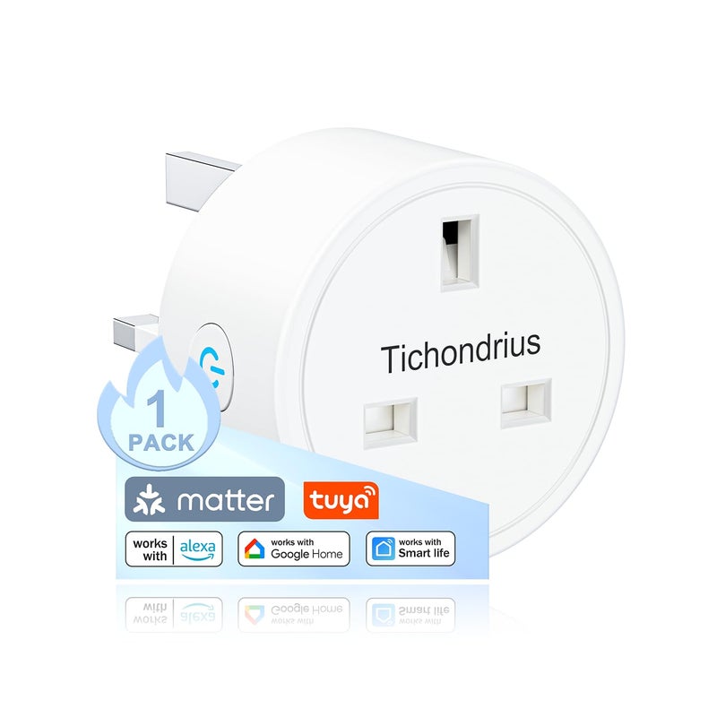 Tichondrius Matter Smart Plug,Smart Socket,Wi-Fi Plug Work with Alexa, Apple HomeKit, Google Compatible SmartThings,Schedule Time, Tuya App&Voice Control Smart Outlet (1 PACK) - Image 1